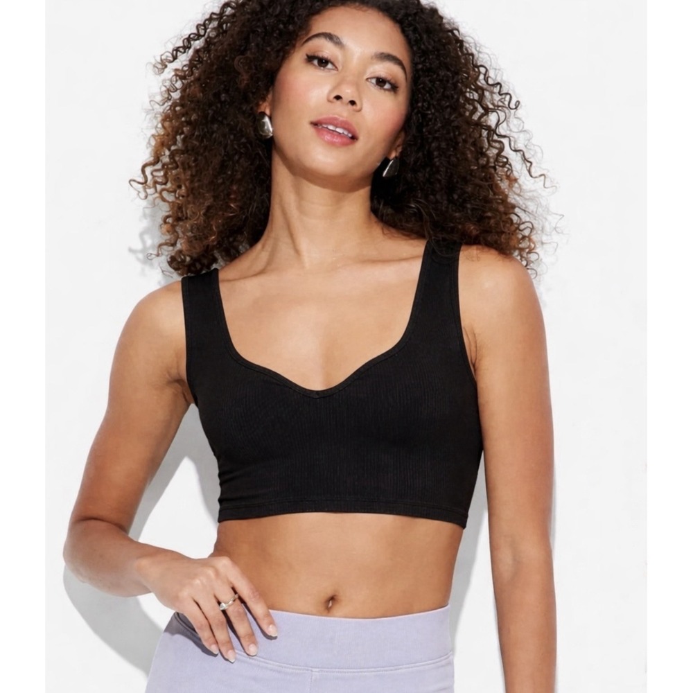 Wild Fable Ribbed V-Neck Cropped Tank Top Womens Large Black Stretchy Lounge